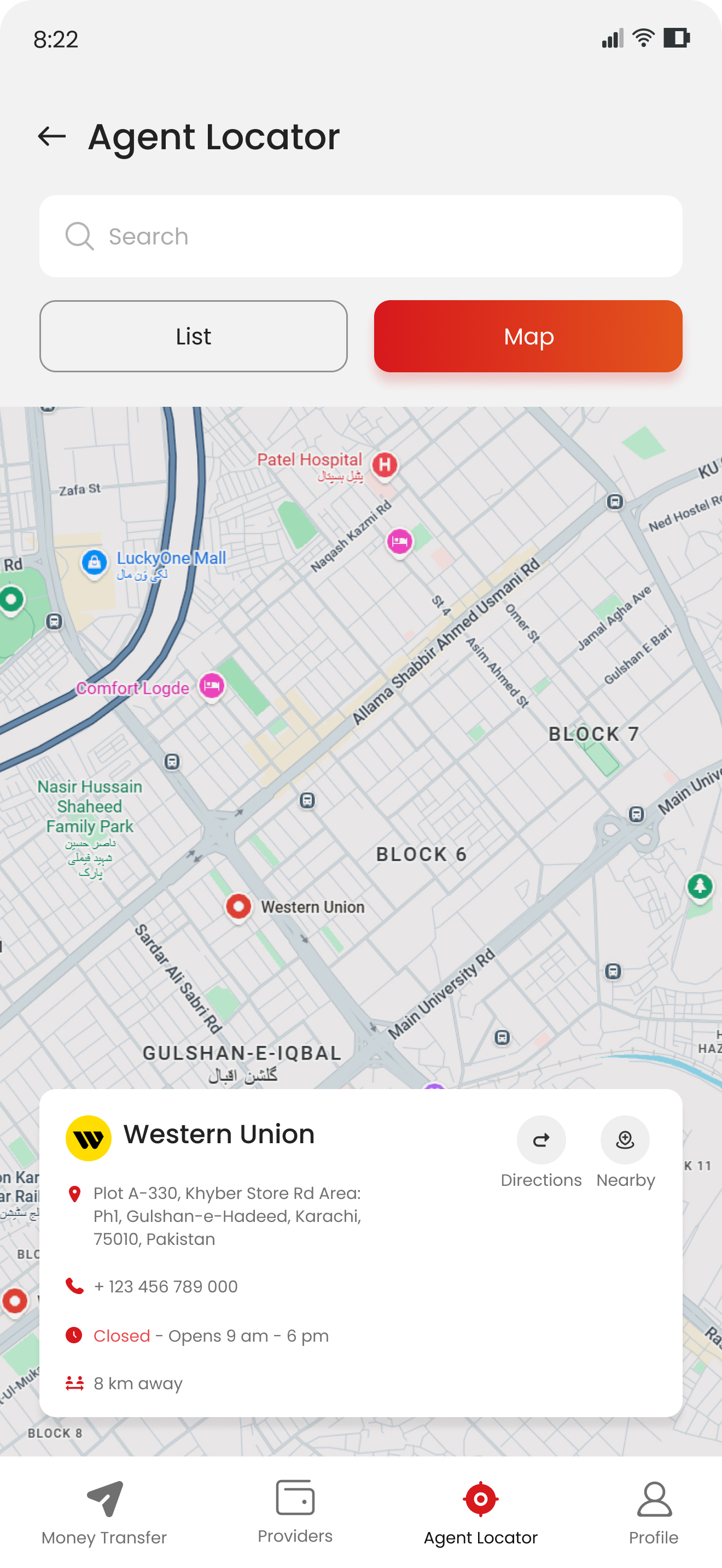 Agent Locator map view with pins and location details